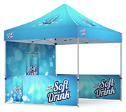A logo tent with imprinted sides, back and top